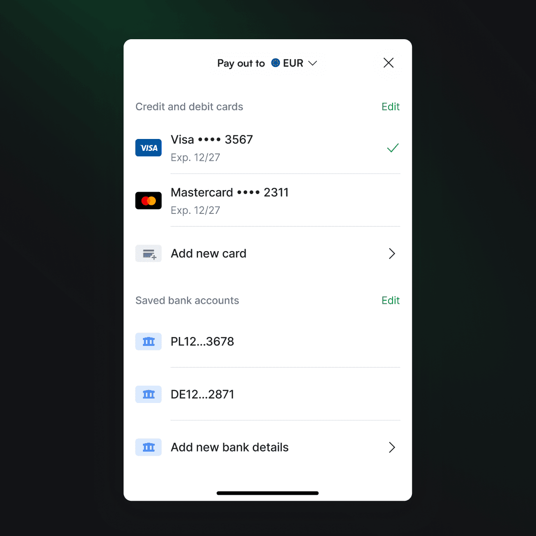 A list of payout methods displayed in a compact drawer, with saved cards and bank accounts